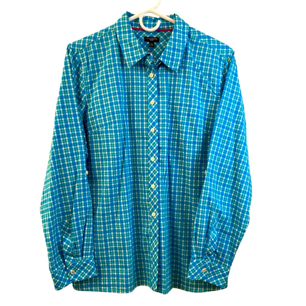 Talbots Petites Blouse Top Plaid Green Blue White long sleeve button down SZ XLP